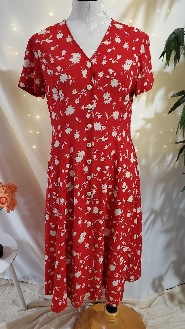 Jones Wear Vtg 90s Floral Button V-Neck Midi Dress Womens Size 6P Pockets Grunge